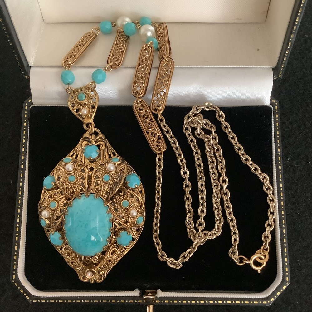 Vintage west Germany filigree gold faux turquoise pearl necklace.